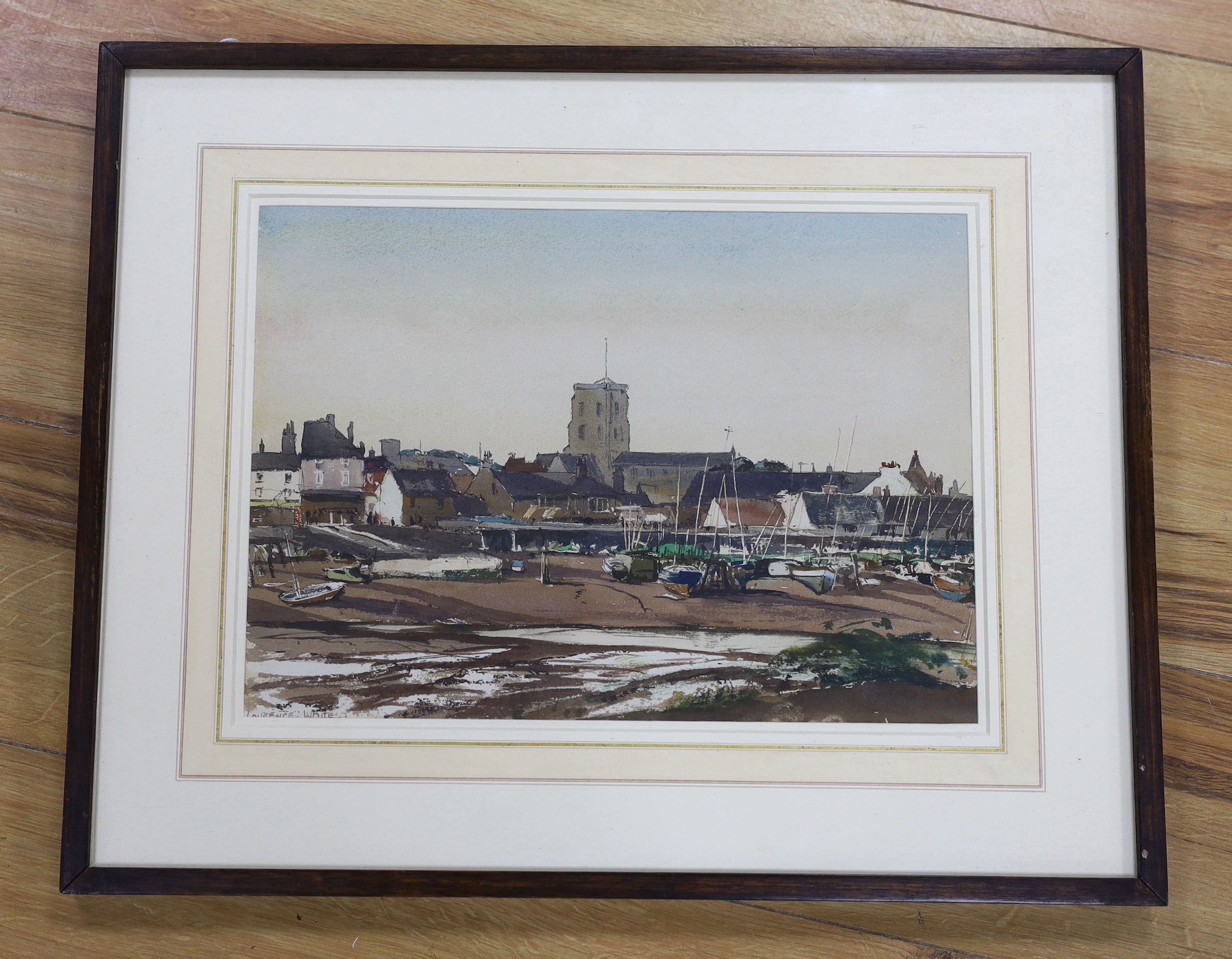 Laurence White (1914-1974), watercolour, Shoreham at low tide, signed, 5 x 35cm